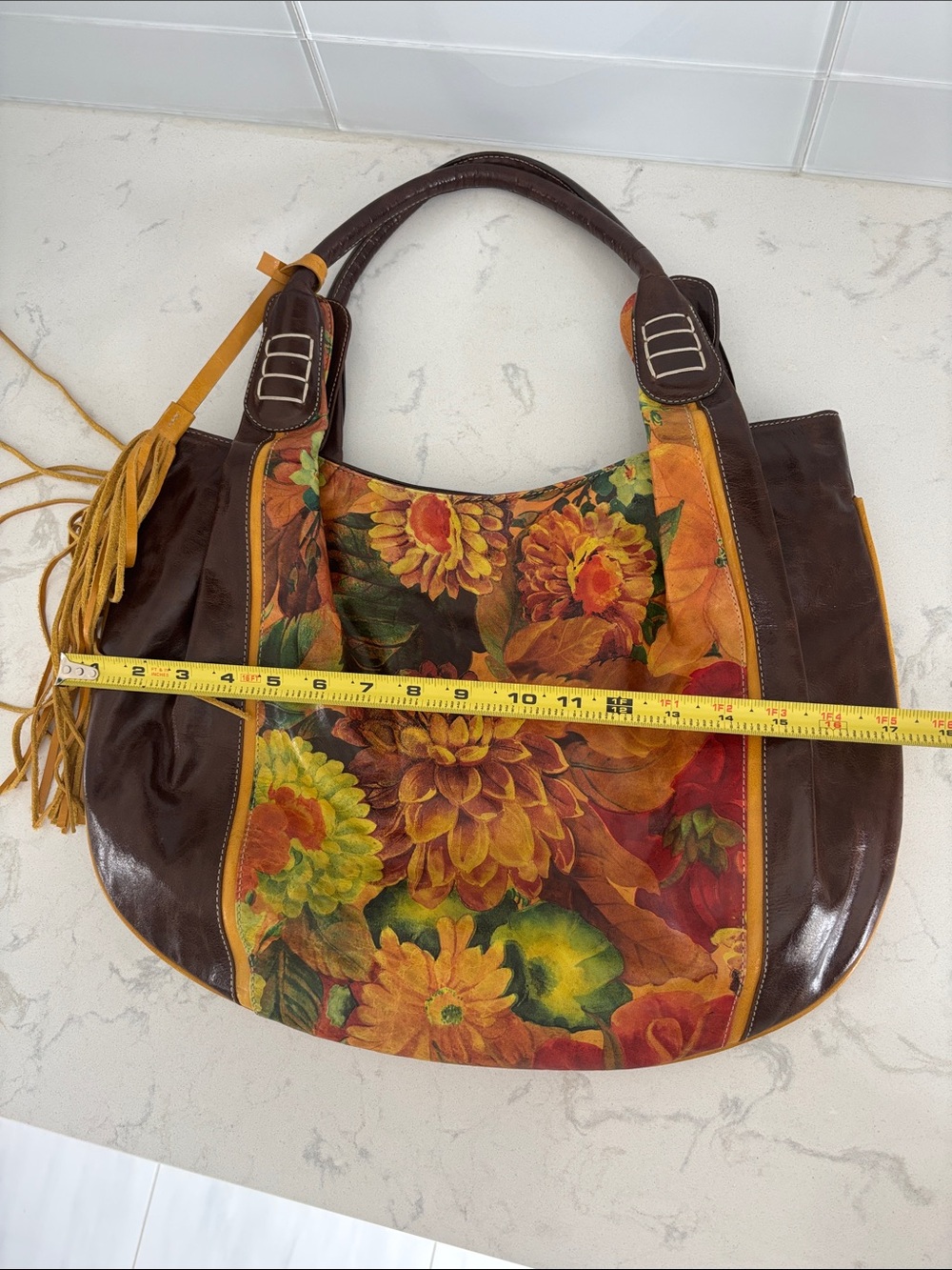 Stunning Maurizio Taiuti Leather Tote Bag with Tassel - Brown & Multicolor - Picture 6 of 8